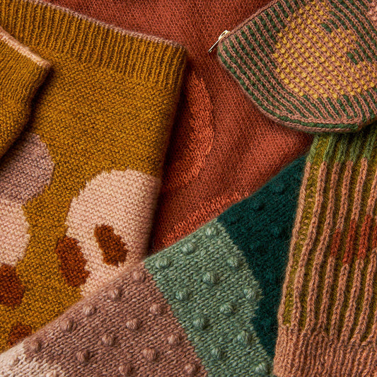 Various knitting projects from the book Intarsia Knits by Anna Husemann showing colourful textures and motifs. jects in the book Intarsia Knits by Anna Husemann.